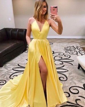 Spaghetti Straps Yellow Pleated Satin Simple Prom Dress with Pockets PM1944
