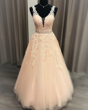 Lace Applique Pink Tulle V-neck Prom Dress with Beading Belt PM1969