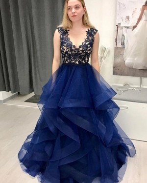 Lace Bodice Navy Blue V-neck Ruffle Prom Dress PM1974