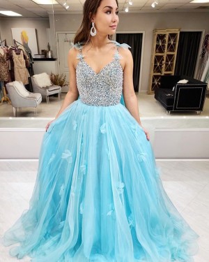Beading Bodice Cyan Spaghetti Straps Prom Dress with 3D Flowers PM1979