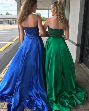 Sweetheart Strapless Beading Bodice Blue Satin Prom Dress PM1990