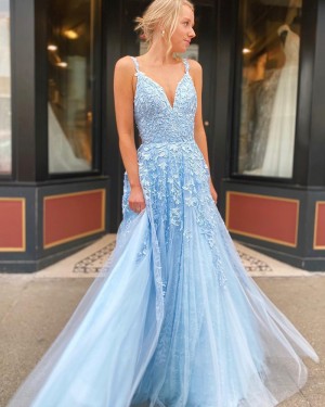 Light Blue V-neck Lace Applique A-line Tulle Prom Dress PM1993