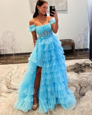 Ruched Layered Skirt Strapless Light Blue Prom Dress with Short Sleeves PM2630