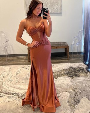 Cutout Ruched Satin Chocolate Sweetheart Prom Dress with Side Slit PM2631