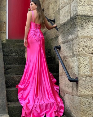 V-neck Satin Pink Mermaid Simple Prom Dress with Side Slit PM2634