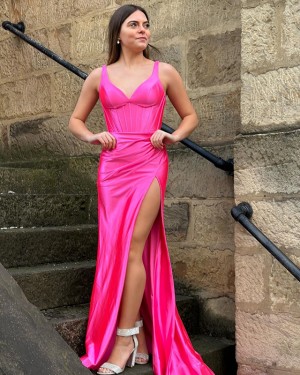 V-neck Satin Pink Mermaid Simple Prom Dress with Side Slit PM2634