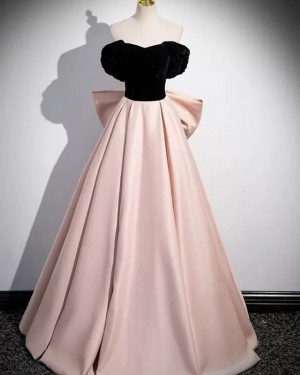 Black & Pearl Pink Satin Off the Shoulder Prom Dress with Bowknot PM2635