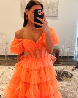 Tulle Off the Shoulder Orange Prom Dress with Layered Skirt PM2638