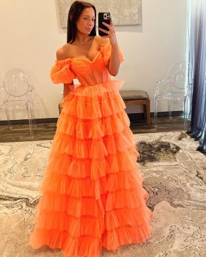 Tulle Off the Shoulder Orange Prom Dress with Layered Skirt PM2638