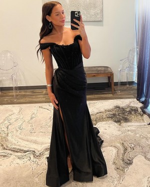Black Lace Applique  Bodice Off the Shoulder Prom Dress with Side Slit PM2639