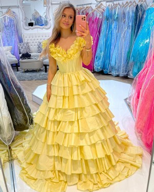 Ruched Yellow Satin V-neck Prom Dress with Layered Skirt PM2640