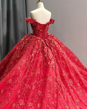 Beading Lace Sequin Ball Gown Off the Shoulder Quinceanera Dress with Handmade Flowers PM2642