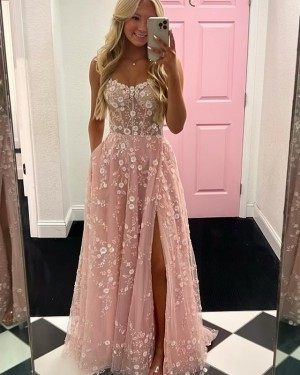 Lace Pearl Pink Spaghetti Straps Prom Dress with Side Slit PM2645