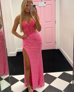 Pink Sequin Tight Spaghetti Straps Prom Dress with Side Slit PM2646