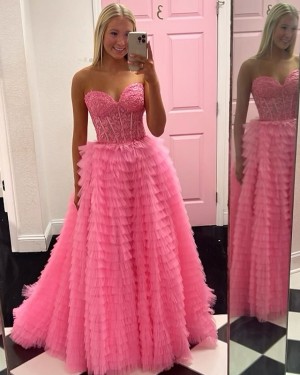 Pink Lace Bodice Sweetheart Prom Dress with Ruffled Skirt PM2648