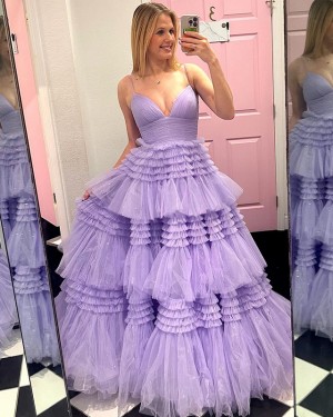 Tulle Lavender Ruffled Skirt Spaghetti Straps Prom Dress PM2649