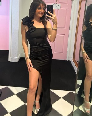 Black Satin Side Slit One Shoulder Prom Dress with Bowknot PM2650