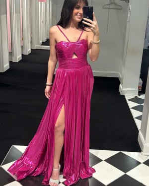 Fuchsia Cutout Pleated Spaghetti Straps Prom Dress with Side Slit PM2652