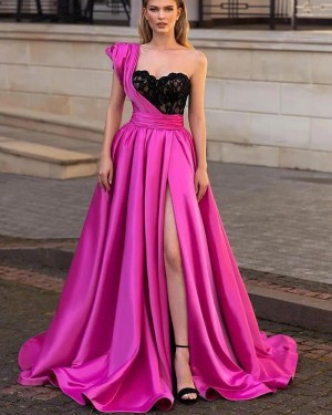 Black & Pink One Shoulder Satin Evening Dress with Side Slit PM2658