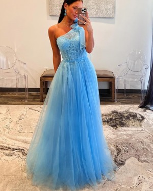 Light Blue Ruched One Shoulder Lace Applique Tulle Prom Dress PM2659