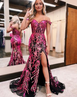 Lace Sequin Off the Shoulder Fuchsia Prom Dress with Side Slit PM2660