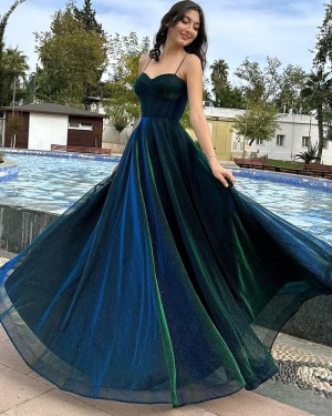 Green Metallic Spaghetti Straps A-line Prom Dress PM2661