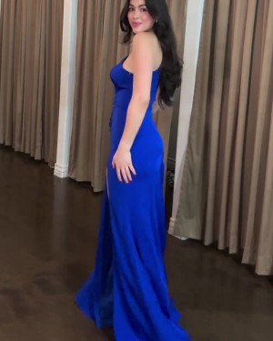Beading Ruched Blue One Shoulder Satin Prom Dress with Side Slit PM2663