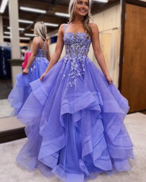 Lace Applique Spaghetti Straps Blue Ruffle Prom Dress PM2667