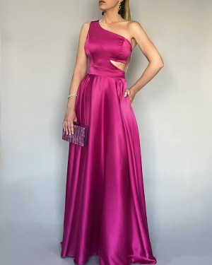 Fuchsia One Shoulder Satin Cutout Simple Evening Dress with Pockets PM2669