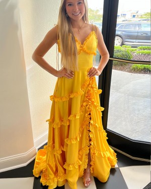Yellow Ruffle Satin Spaghetti Straps Prom Dress with Side Slit PM2677