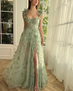 Lace Mint Applique Square Neckline Evening Dress with Side Slit PM2682