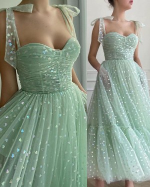 Mint Ruched Polka Dot Ankle Length Square Neckline Graduation Dress with Pockets PM2684