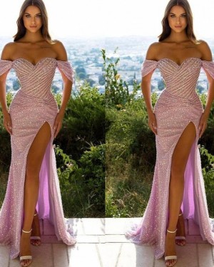 Lavender Sequin Ruched Off the Shoulder Evening Dress with Side Slit PM2685