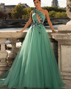 Green Tulle One Shoulder Evening Dress with Handmade Flowers PM2694