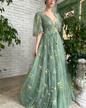 Floral Lace Mint Tulle Side Slit V-neck Evening Dress Half Length Sleeves PM2699