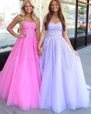 Pink Lace Applique Tulle Strapless Prom Dress PM2702