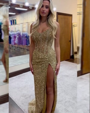 Gold Beading Bodice Spaghetti Straps Sequin Mermaid Prom Dress with Side Slit PM2705