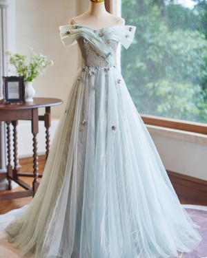 Mint Sequin Off the Shoulder Evening Dress with 3D Flowers PM2708
