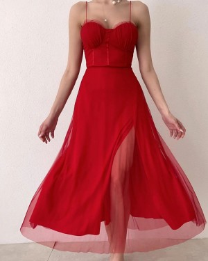 Spaghetti Straps Red Chiffon Simple Graduation Dress with Side Slit PM2709