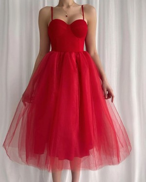 Ruched Red Tulle Knee length Spaghetti Straps Graduation Dress PM2710