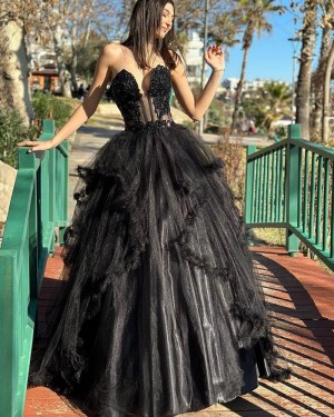 Black Lace Applique Bodice Strapless Evening Dress PM2712