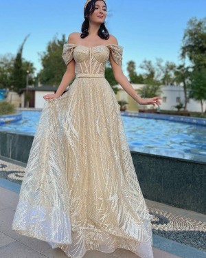 Sparkle Gold Off the Shoulder A-line Prom Dress PM2713