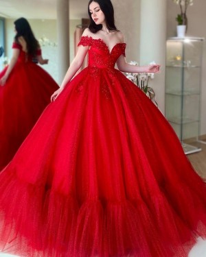 Beading Bodice Off the Shoulder Red Tulle Ball Gown PM2714