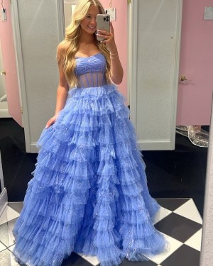 Light Blue Sparkle Strapless Layered Skirt Prom Dress PM2716