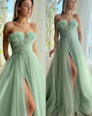 Pleated Mint Tulle Strapless Evening Dress with Side Slit PM2717