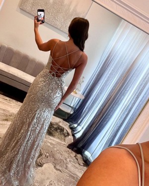 Beading Spaghetti Straps Nude Mermaid Prom Dress With Side Slit  PM2719