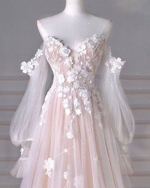 Lace Applique Off The Shoulder Pearl Pink Formal Dress With Long Sleeves  PM2721