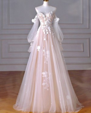Lace Applique Off The Shoulder Pearl Pink Formal Dress With Long Sleeves  PM2721