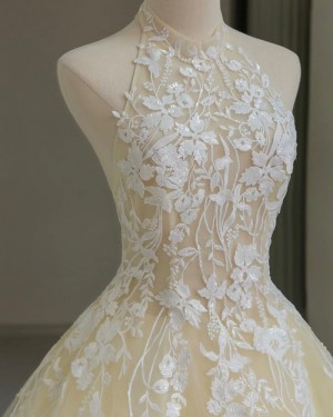 High Neck Champagne Lace Applique Tulle Ball Gown Prom Dress  PM2722