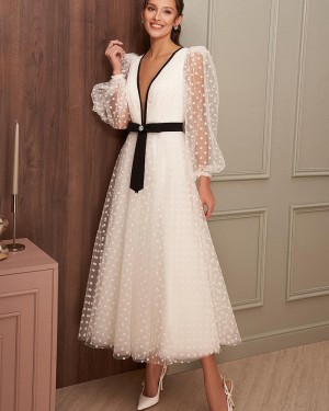 Polka Dot Deep V-Neck White Ankle Length Tulle Formal Dress With Long Sleeves  PM2726
